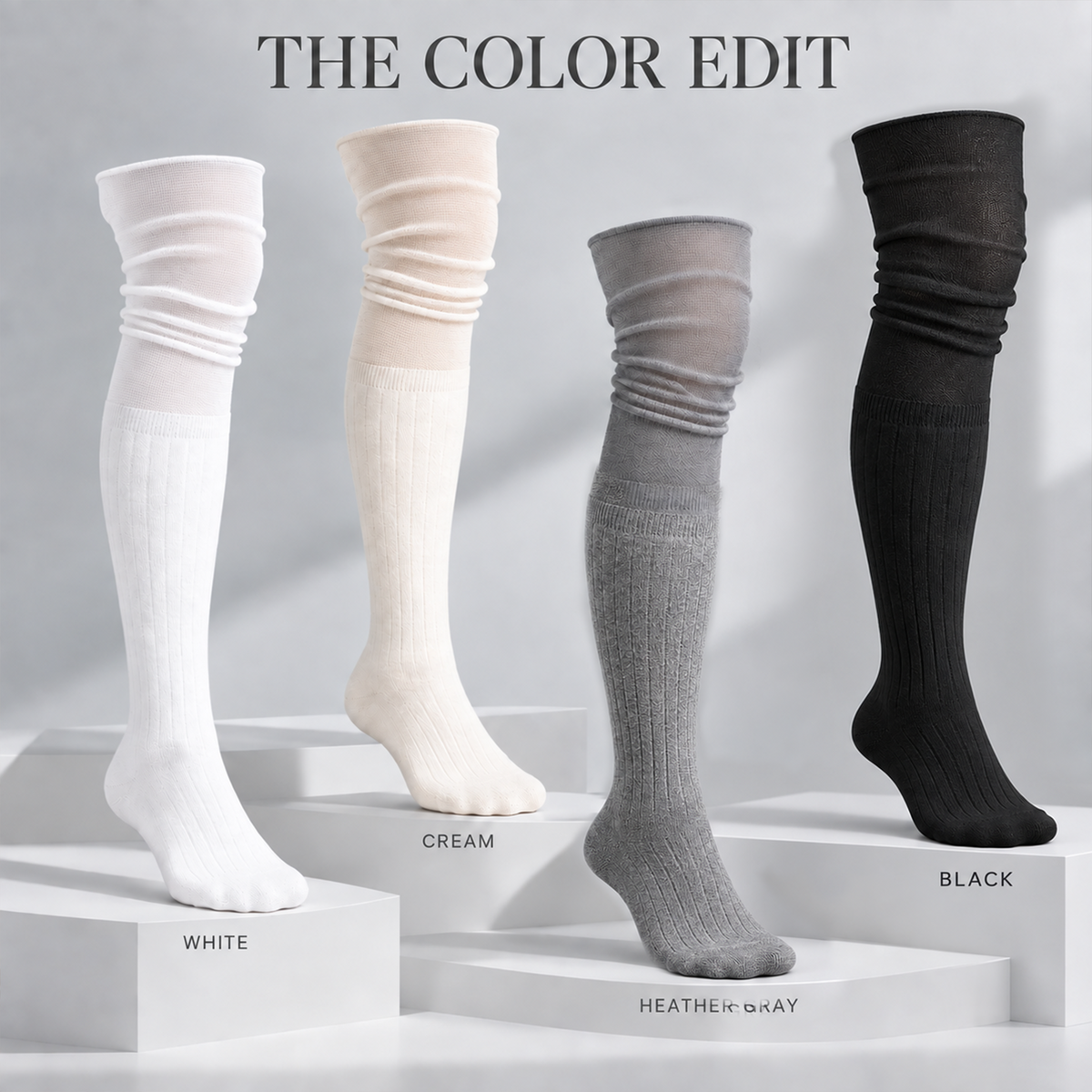 LUVAIRY SoftDrape Thigh-High Socks – 4-Pack Stretchy Slouch & Pull-Up Socks