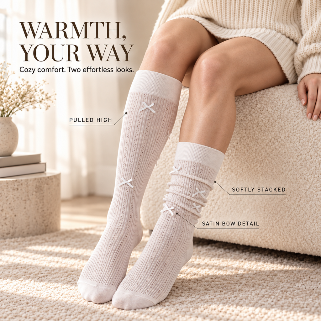LUVAIRY SoftBow Knee-High Socks – 4-Pack Cotton-Blend Slouch Socks with Bow Detail