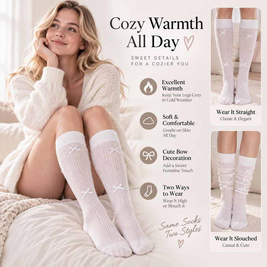 LUVAIRY SoftBow Knee-High Socks – 4-Pack Cotton-Blend Slouch Socks with Bow Detail